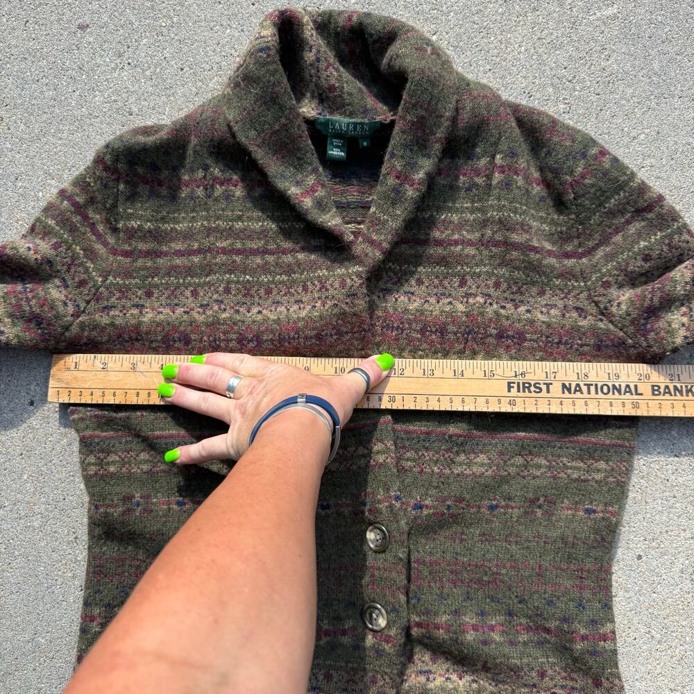 Vintage Lauren Ralph Lauren Lambswool Olive Green Fair isle Cardigan Sweater MED - Picture 6 of 8